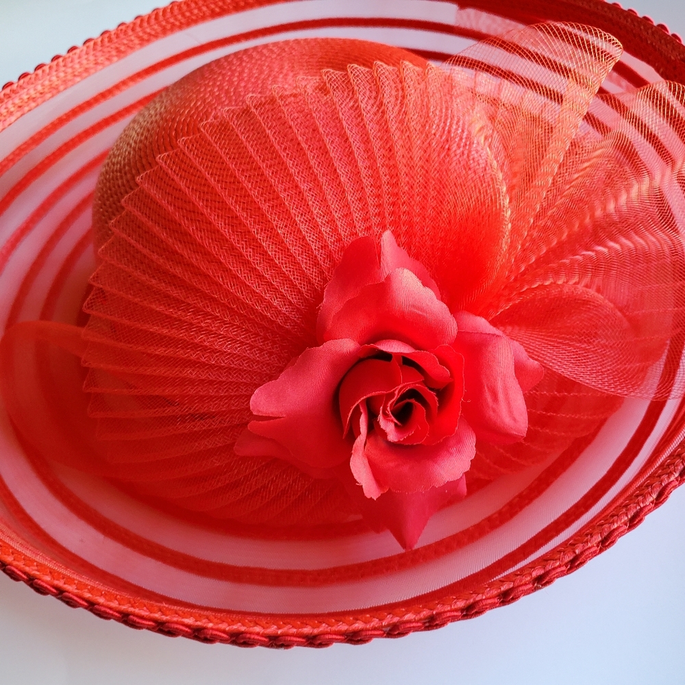 Red Broad Brim Special Event Hat Wedding Ladies Tea Church Hat Feminine Coquette
